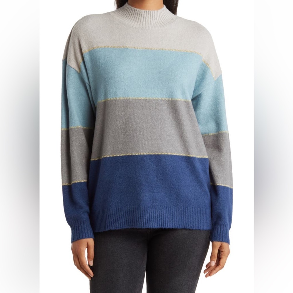 H Halston mock neck sweater, blue and gray striped with gold detail, size L - Picture 14 of 14